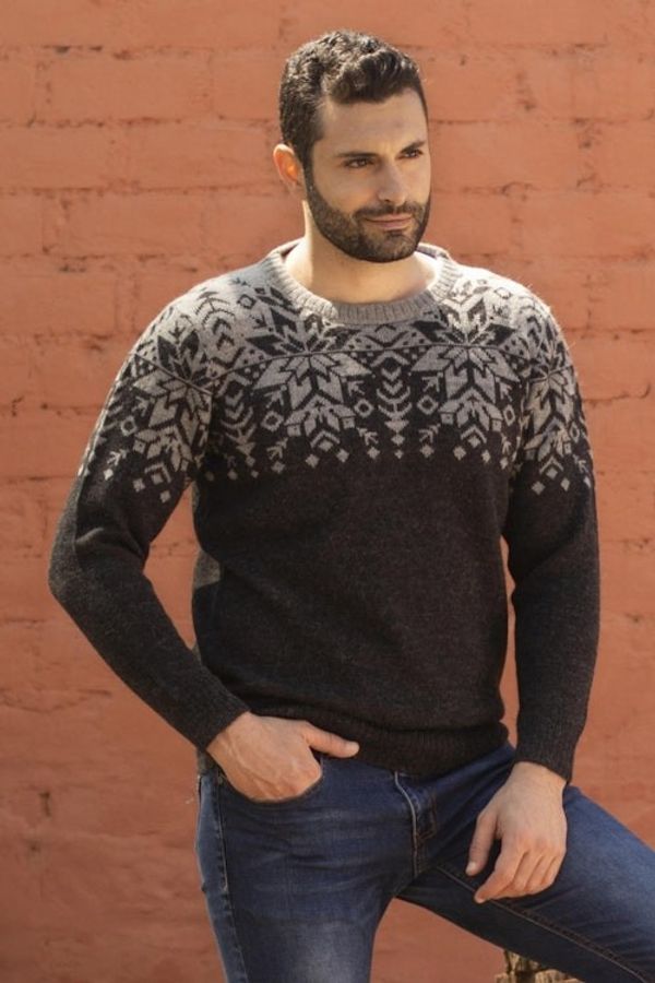 Alternate image for Mens Grey Alpaca Wool Snowflake Motif Sweater Inca Snowflake