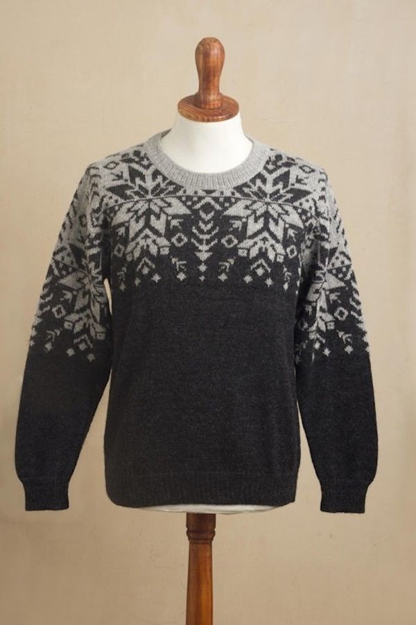 Alternate image for Mens Grey Alpaca Wool Snowflake Motif Sweater Inca Snowflake