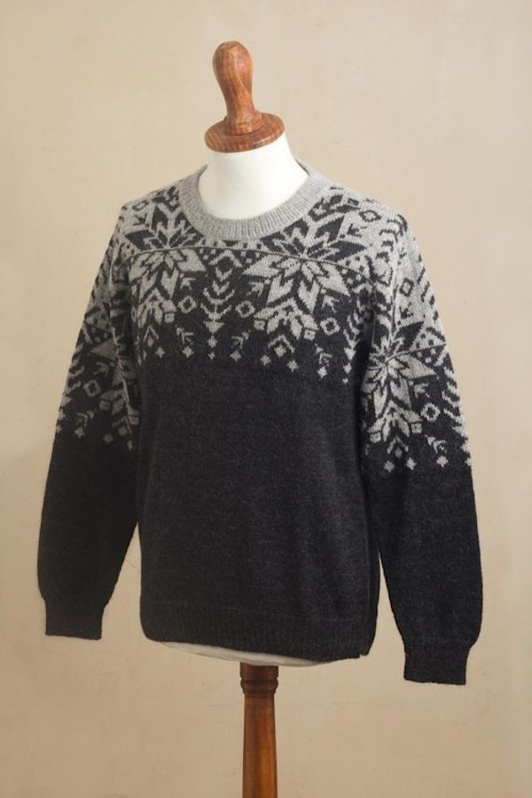 Alternate image for Mens Grey Alpaca Wool Snowflake Motif Sweater Inca Snowflake