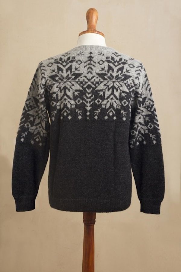Alternate image for Mens Grey Alpaca Wool Snowflake Motif Sweater Inca Snowflake