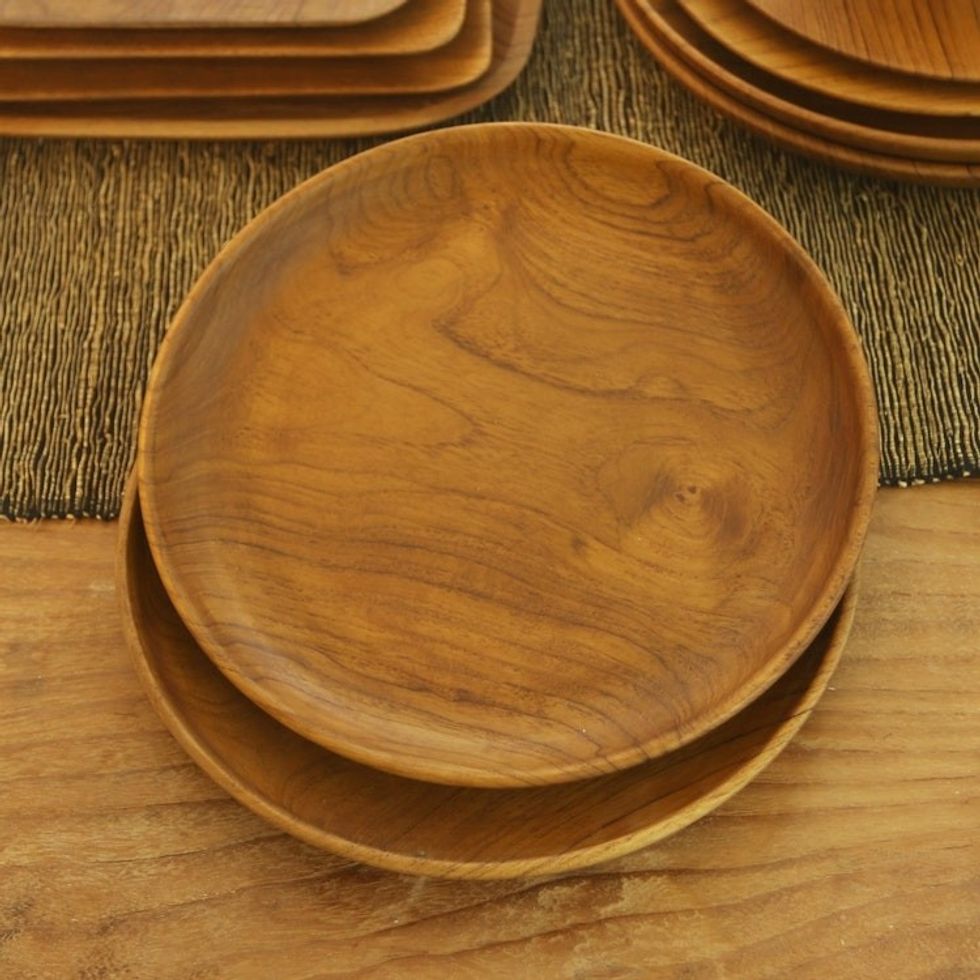 Hand Made Teak Wood Dinner Plates from Bali Pair, 9 Inch 'Fit for a Feast'