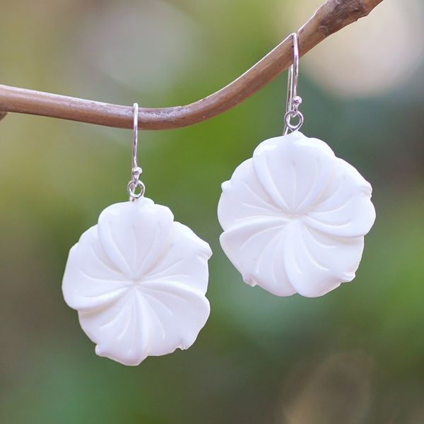 Alternate image for Hand-Carved Plumeria Bloom-Shaped Dangle Earrings Snowy Plumeria