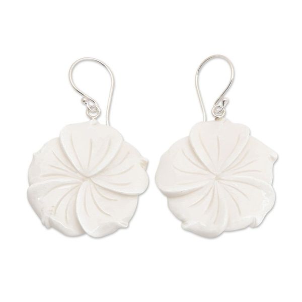 Alternate image for Hand-Carved Plumeria Bloom-Shaped Dangle Earrings Snowy Plumeria