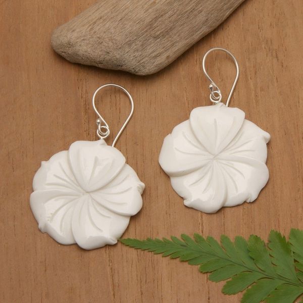 Alternate image for Hand-Carved Plumeria Bloom-Shaped Dangle Earrings Snowy Plumeria