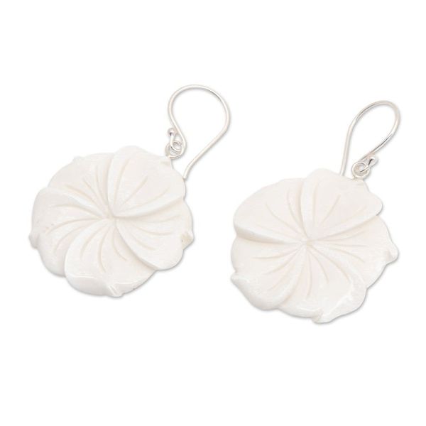 Alternate image for Hand-Carved Plumeria Bloom-Shaped Dangle Earrings Snowy Plumeria