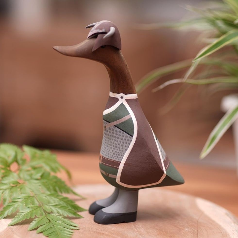Bamboo and Teak Wood Duck Sculpture in Viking Garments 'Viking Duck'