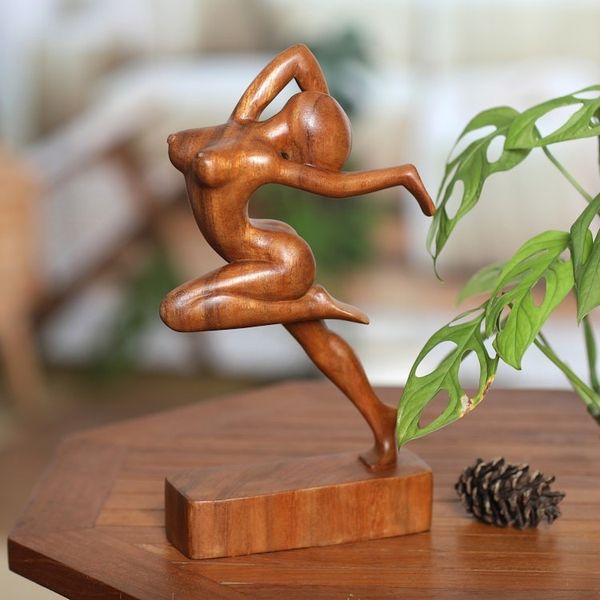Alternate image for Balinese Handcrafted Brown Suar Wood Sculpture of a Woman Human Beauty