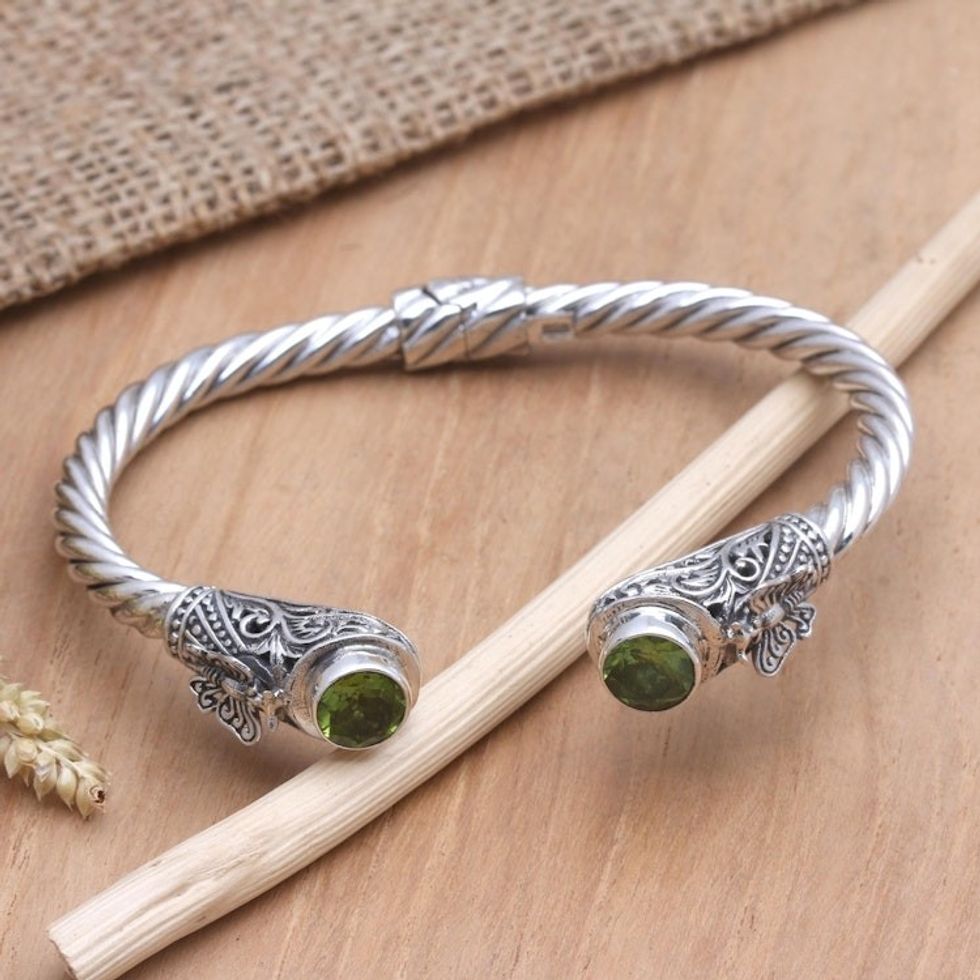 Peridot and Sterling Silver Cuff Bracelet from Bali 'Butterfly Nest in Green'