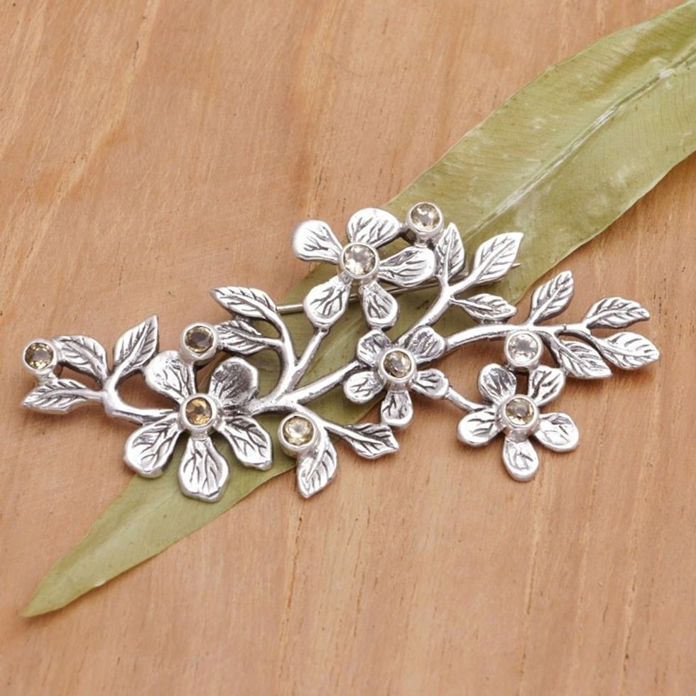 Sterling Silver Brooch with Citrine Stones and Floral Motifs 'Blooms in Winter'