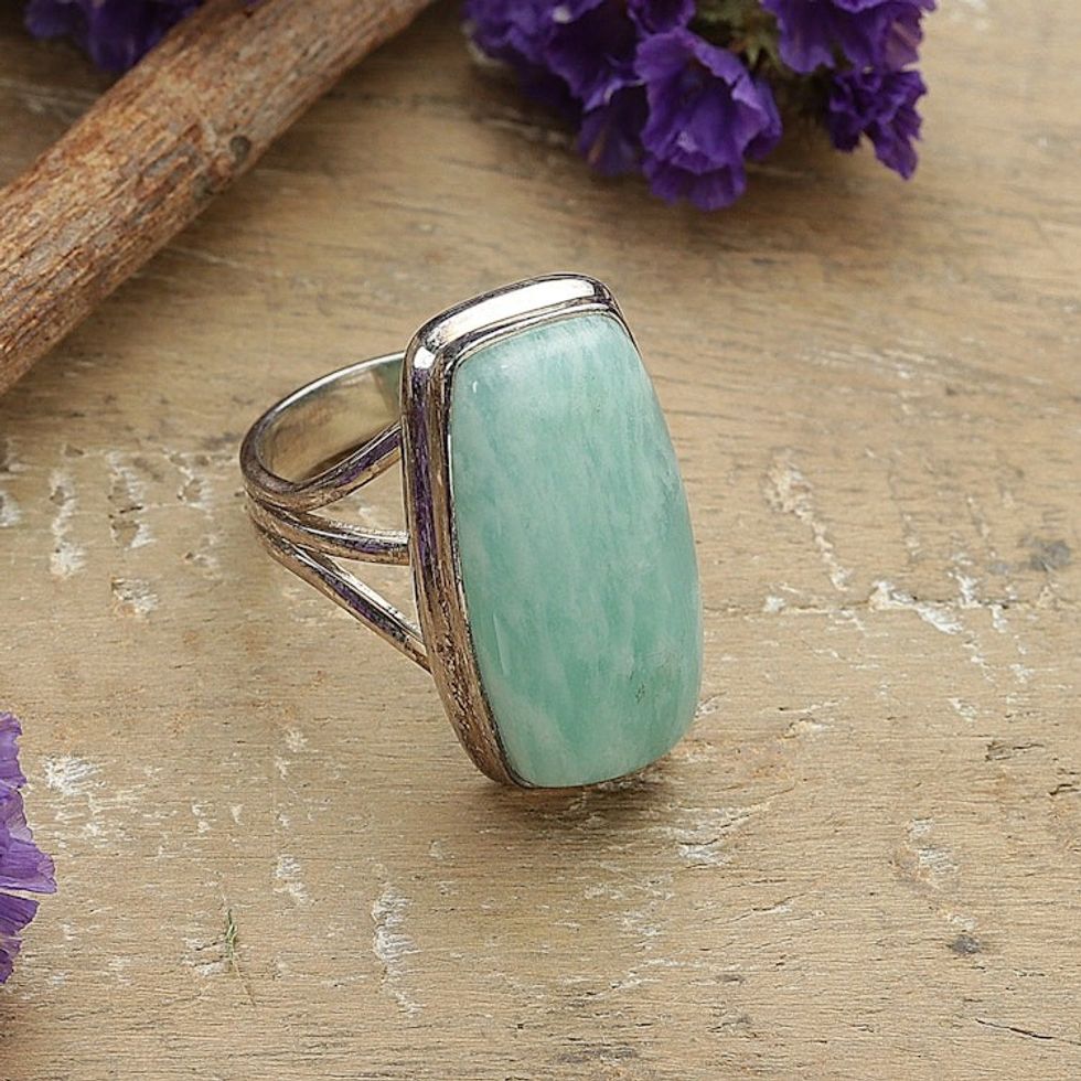 Polished Sterling Silver Natural Amazonite Cocktail Ring 'Calm Sea'