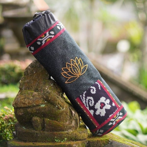 Alternate image for Ikat Cotton Yoga Mat Bag with Glass Bead Motif Lotus Lagoon in Black