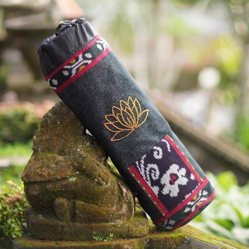 Ikat Cotton Yoga Mat Bag with Glass Bead Motif 'Lotus Lagoon in Black'