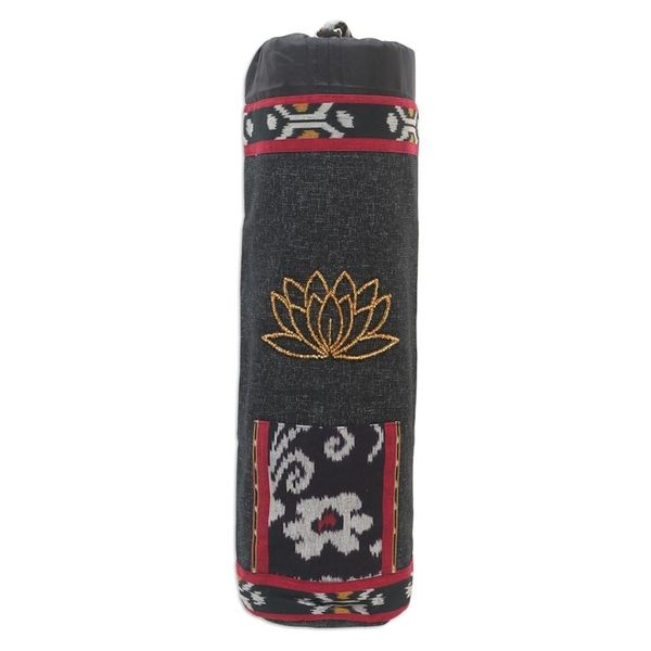 Alternate image for Ikat Cotton Yoga Mat Bag with Glass Bead Motif Lotus Lagoon in Black