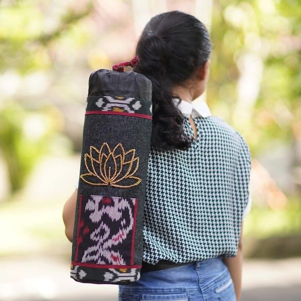 Alternate image for Ikat Cotton Yoga Mat Bag with Glass Bead Motif Lotus Lagoon in Black