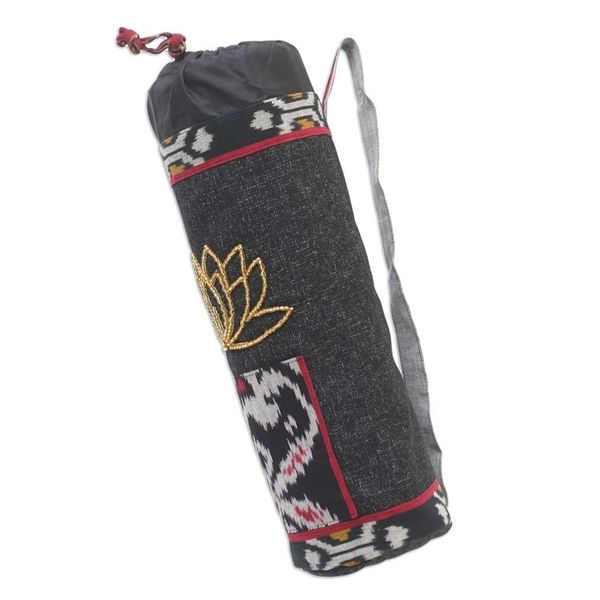 Alternate image for Ikat Cotton Yoga Mat Bag with Glass Bead Motif Lotus Lagoon in Black