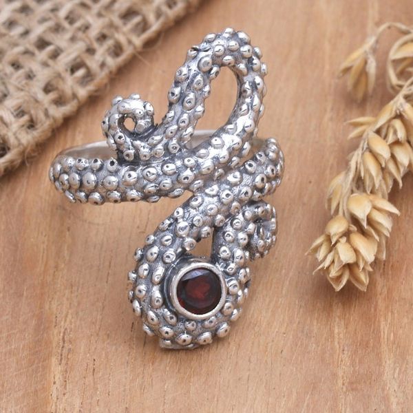 Alternate image for Garnet Sterling Silver Octopus Cocktail Ring from Bali Red Intellectual