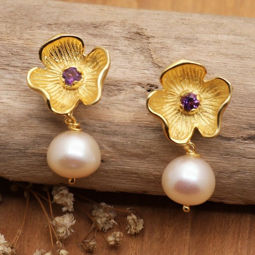 18k Gold-Plated Floral Dangle Earrings with Pearls and Gems 'Orchids of the Wise'