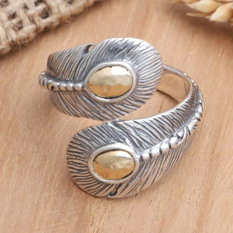 Gold-Accented Wrap Ring with Feather Motif 'Boho Feather'