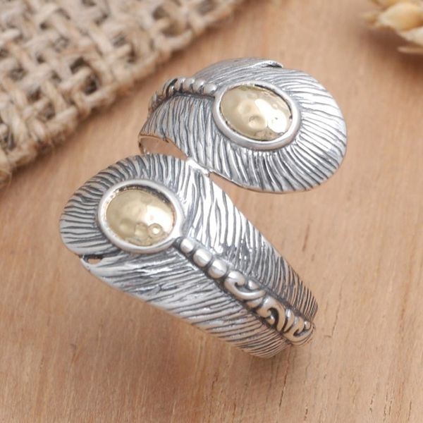 Alternate image for Gold-Accented Wrap Ring with Feather Motif Boho Feather