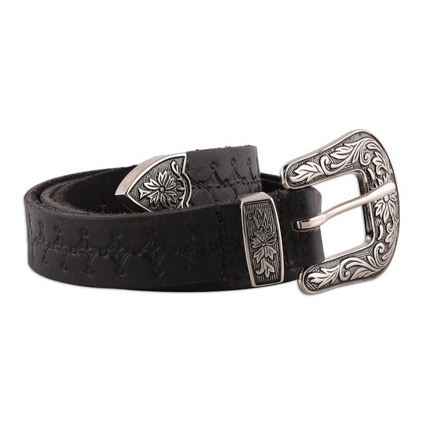 Alternate image for Classic Star-Themed Onyx Leather Belt with Brass Buckle Onyx Classic