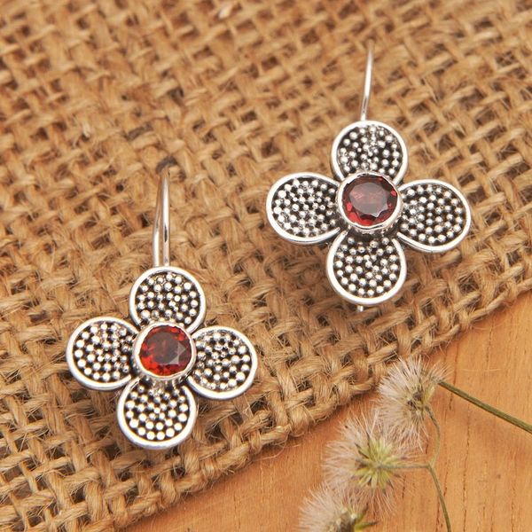 Alternate image for Floral Sterling Silver Drop Earrings with Garnet Jewels Spring of Perseverance