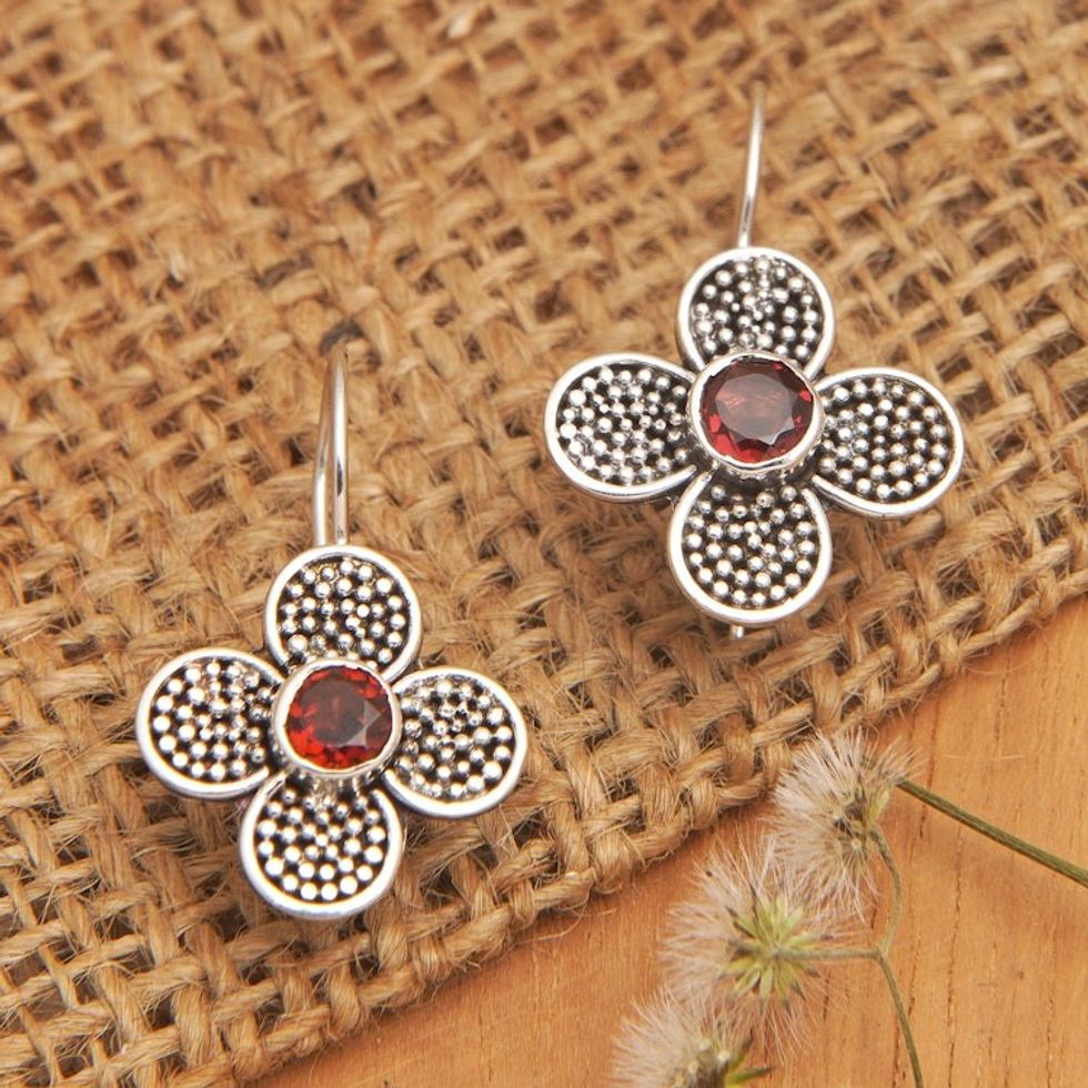 Floral Sterling Silver Drop Earrings with Garnet Jewels 'Spring of Perseverance'