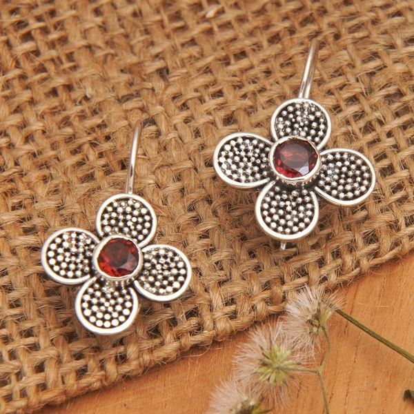 Alternate image for Floral Sterling Silver Drop Earrings with Garnet Jewels Spring of Perseverance