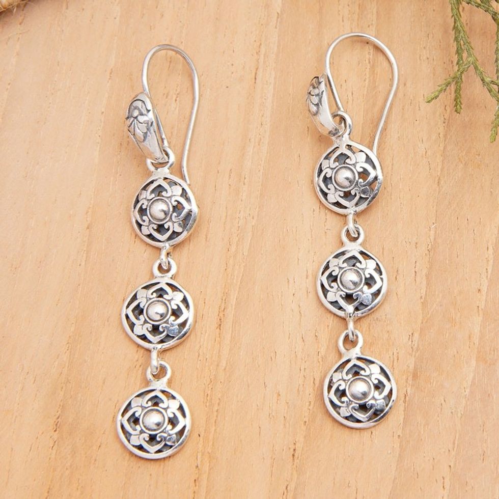 Polished Floral Sterling Silver Dangle Earrings from Bali 'Flower Heart'