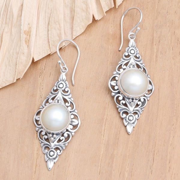 Alternate image for Balinese Sterling Silver and Cultured Pearl Dangle Earrings Feminine Wealth