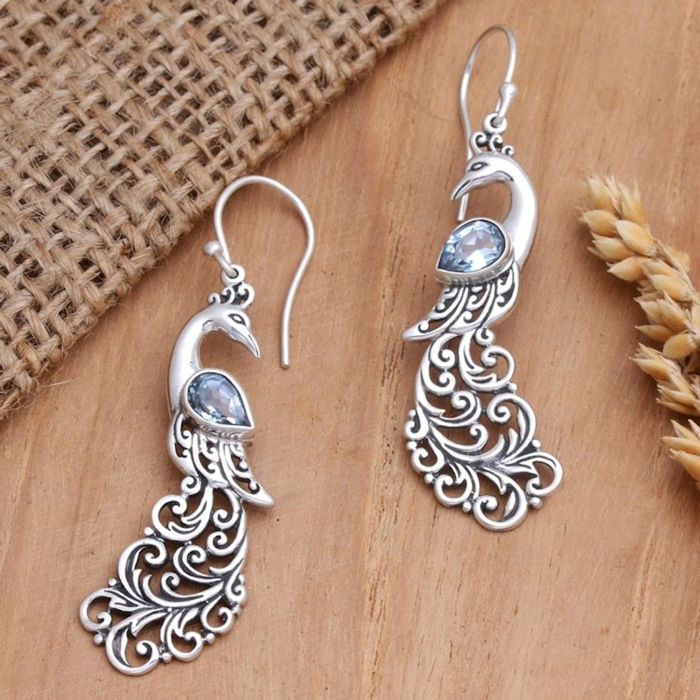 Sterling Silver and Blue Topaz Dangle Earrings with Peacocks 'Blue Peacock Queen'