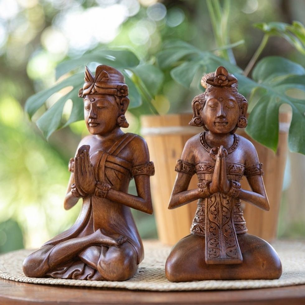 Two Hand-Carved Meditating Balinese Couple Wood Sculptures 'Beautiful Balinese Couple'
