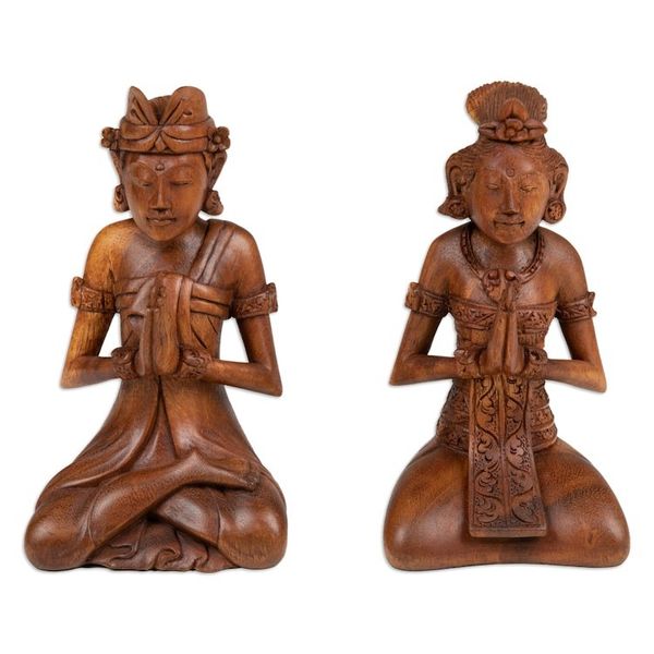 Alternate image for Two Hand-Carved Meditating Balinese Couple Wood Sculptures Beautiful Balinese Couple