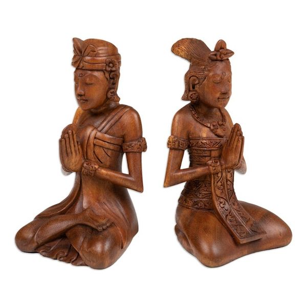 Alternate image for Two Hand-Carved Meditating Balinese Couple Wood Sculptures Beautiful Balinese Couple