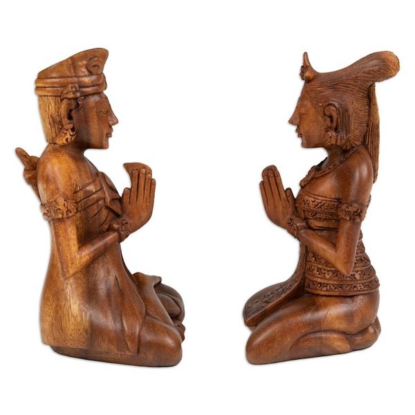 Alternate image for Two Hand-Carved Meditating Balinese Couple Wood Sculptures Beautiful Balinese Couple