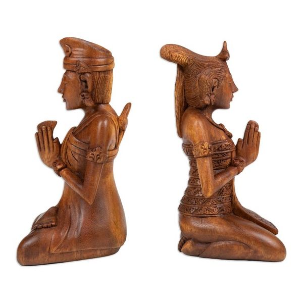 Alternate image for Two Hand-Carved Meditating Balinese Couple Wood Sculptures Beautiful Balinese Couple