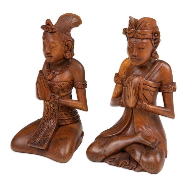 Alternate image for Two Hand-Carved Meditating Balinese Couple Wood Sculptures Beautiful Balinese Couple