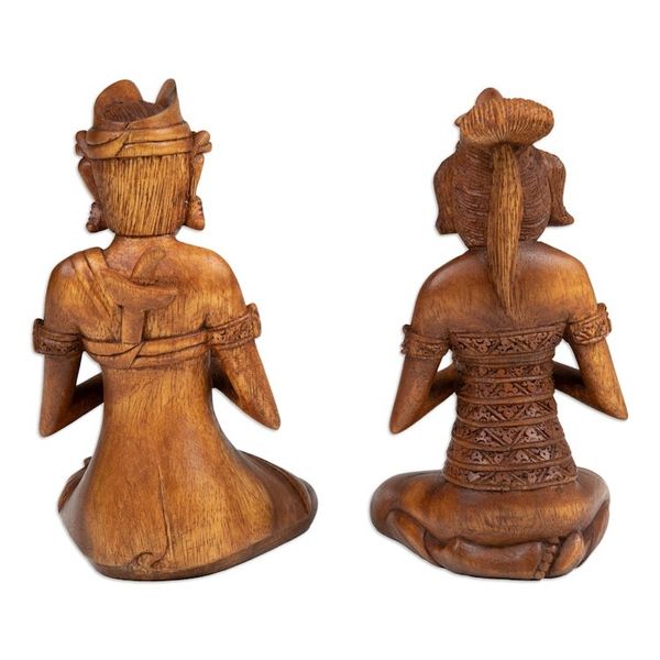 Alternate image for Two Hand-Carved Meditating Balinese Couple Wood Sculptures Beautiful Balinese Couple