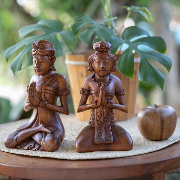 Alternate image for Two Hand-Carved Meditating Balinese Couple Wood Sculptures Beautiful Balinese Couple