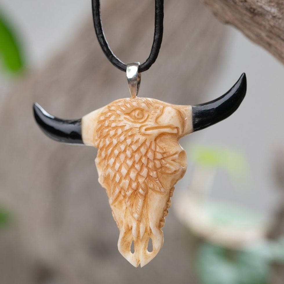 Adjustable Eagle-Themed Hand-Carved Cord Pendant Necklace 'Eagle Horns'
