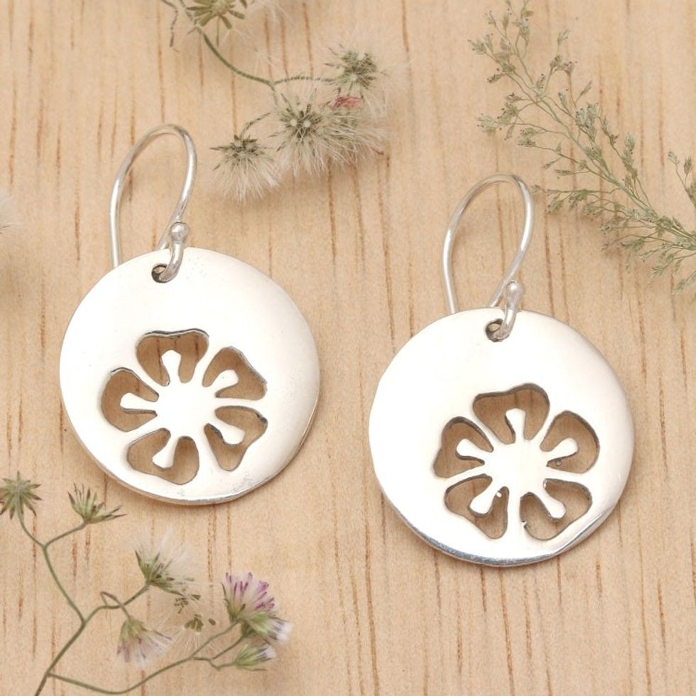 Round Sterling Silver Hibiscus Dangle Earrings Made in Bali 'Hibiscus Shadow'