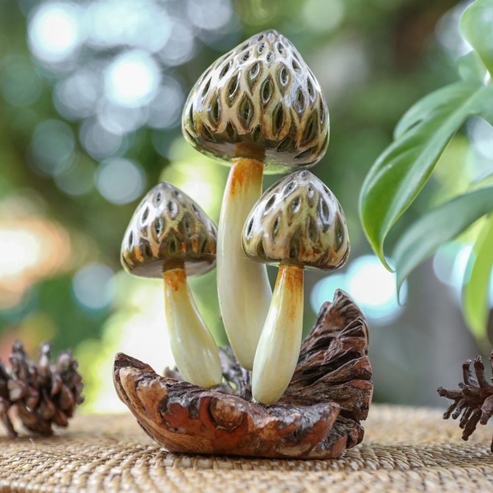 Mushroom-Themed Wood Sculpture Hand-Painted in Bali 'Morel Mushrooms'