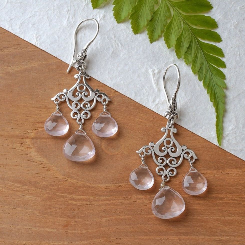 Balinese-Made Fan-Shaped Rose Quartz Chandelier Earrings 'Gala of Tenderness'