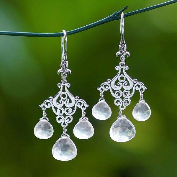 Alternate image for Balinese-Made Fan-Shaped Rose Quartz Chandelier Earrings Gala of Tenderness