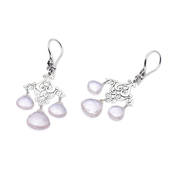 Alternate image for Balinese-Made Fan-Shaped Rose Quartz Chandelier Earrings Gala of Tenderness