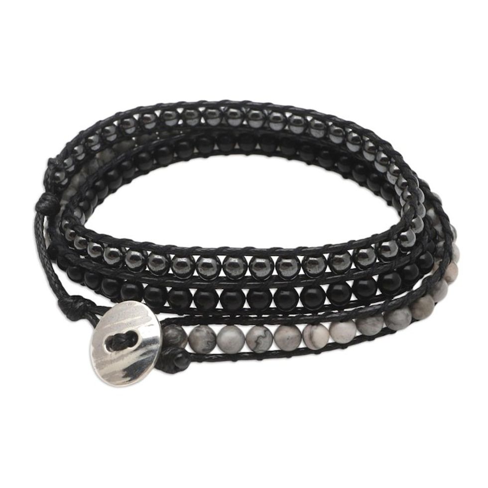 Handmade Jasper and Onyx Wrap Bracelet 'Grey Day'