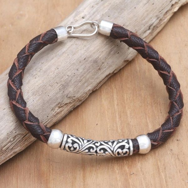 Alternate image for Handmade Leather and Sterling Silver Pendant Bracelet Ancient Carving