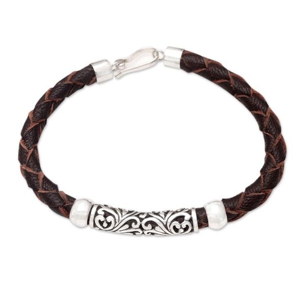 Alternate image for Handmade Leather and Sterling Silver Pendant Bracelet Ancient Carving