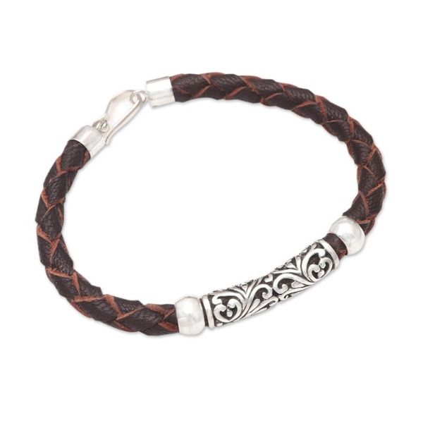 Alternate image for Handmade Leather and Sterling Silver Pendant Bracelet Ancient Carving