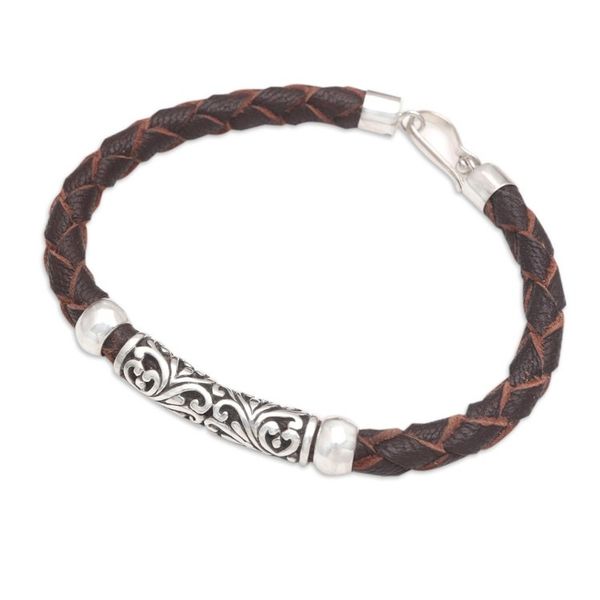 Alternate image for Handmade Leather and Sterling Silver Pendant Bracelet Ancient Carving
