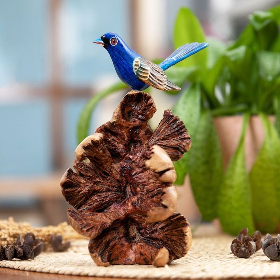 Natural Benalu and Jempinis Wood Blue Bird Sculpture 'Celestial Bird'